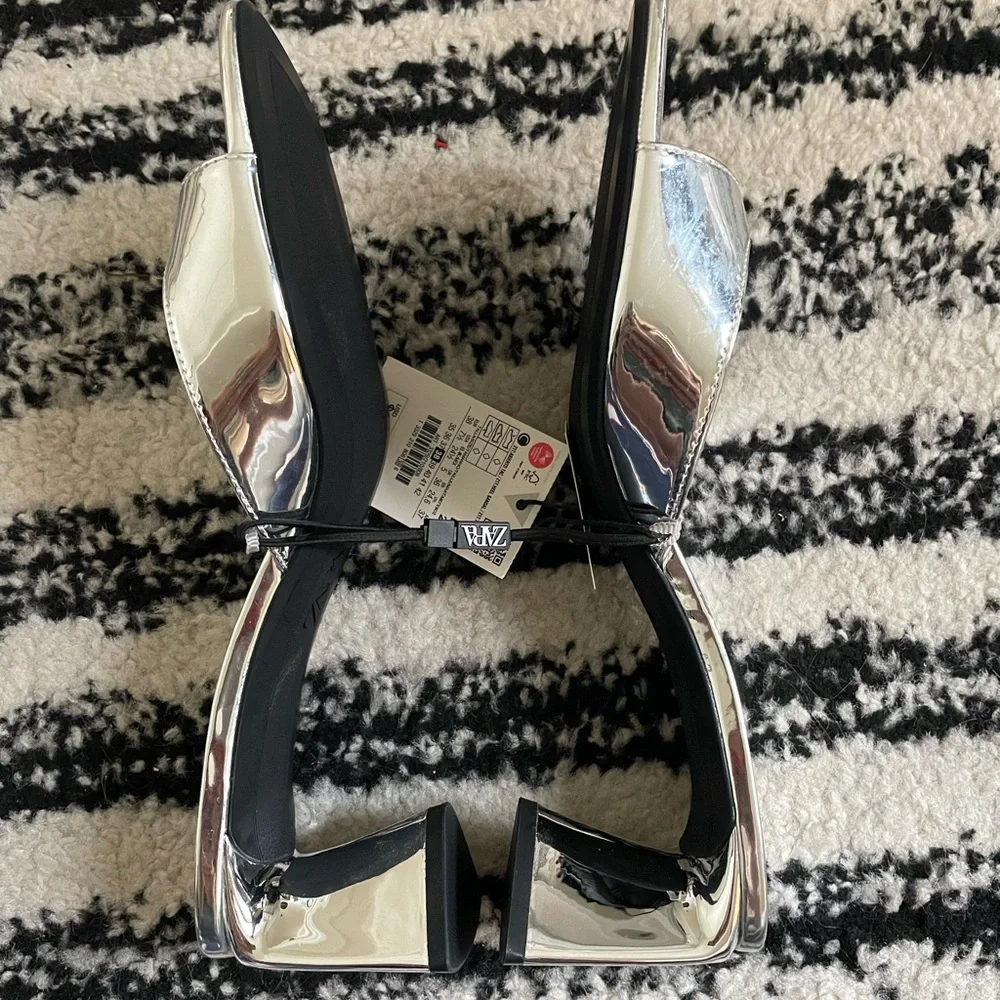Zara Metallic Silver Heeled Slides - Picture 2 of 2